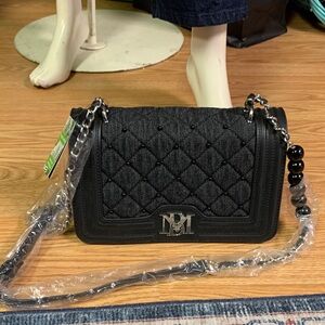 Badgley Mischka Black Quilted Chain Shoulder Bag new denim